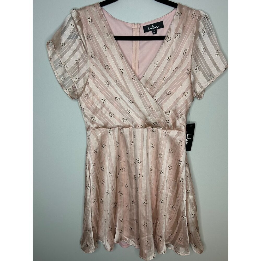 Lulu's Elegant Edith Blush Pink Floral Print Satin Skater Dress Women's Sz M NWT